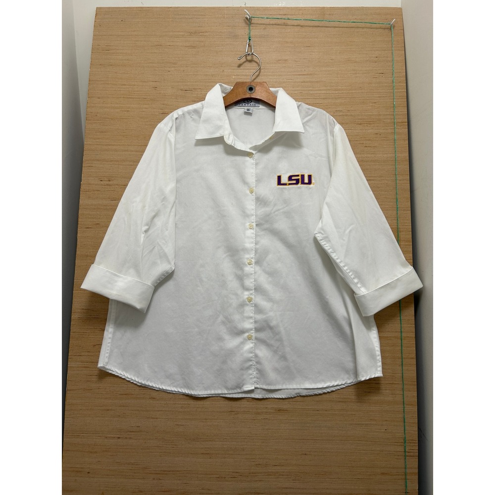 Vantage LSU Tigers Womens 2X White 3/4 Sleeve Button Down Shirt Logo Blouse